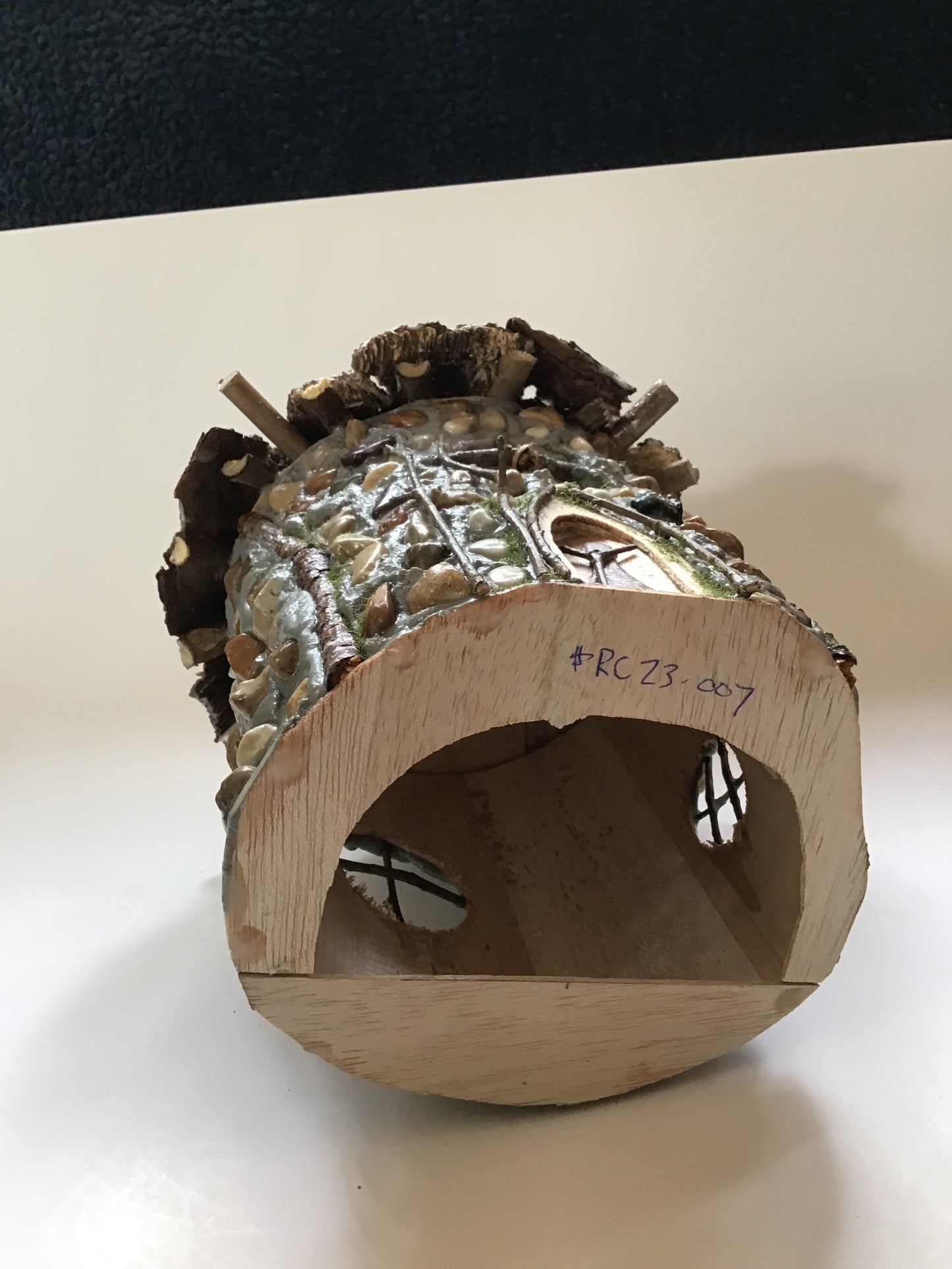 Jasper’s Cabin, Round Hand-Made Fairy House, Stone, Twigs and Pine Bark, Rustic and Charming, Home and Garden Decor, #RC23-007