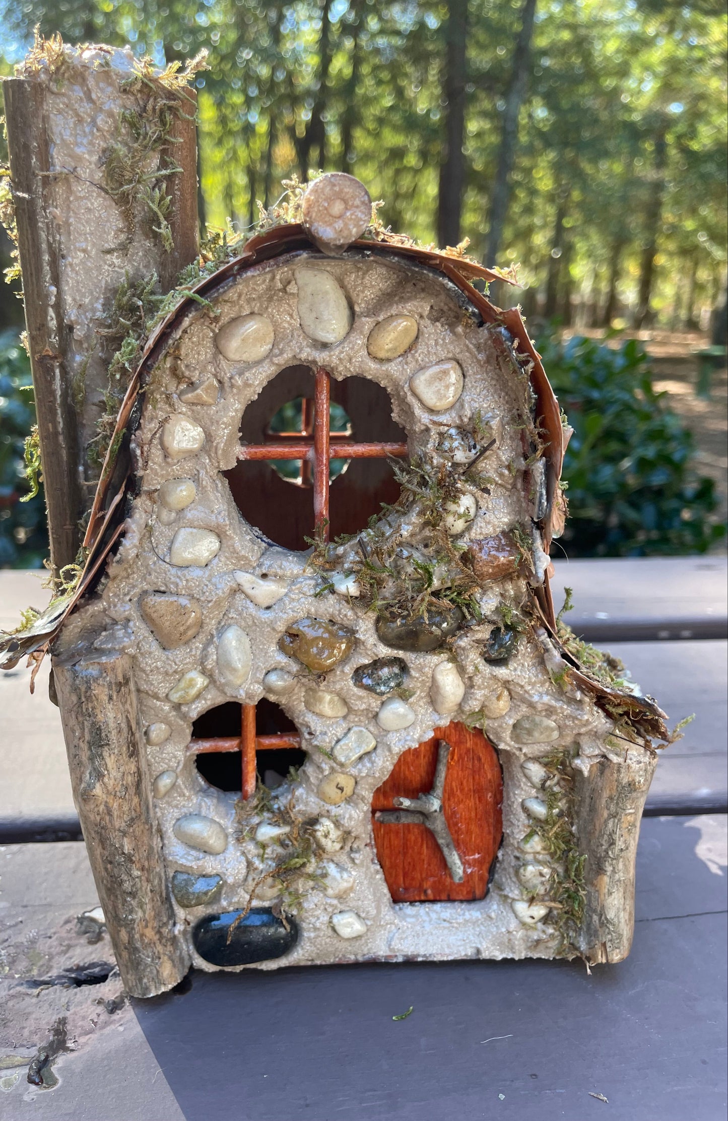 Willow’s Barn, a barn style Fairy House, Hand-Made, Stone, Pine Twigs, Pine Bark, Charming Home and Garden Decor, #BH02-022