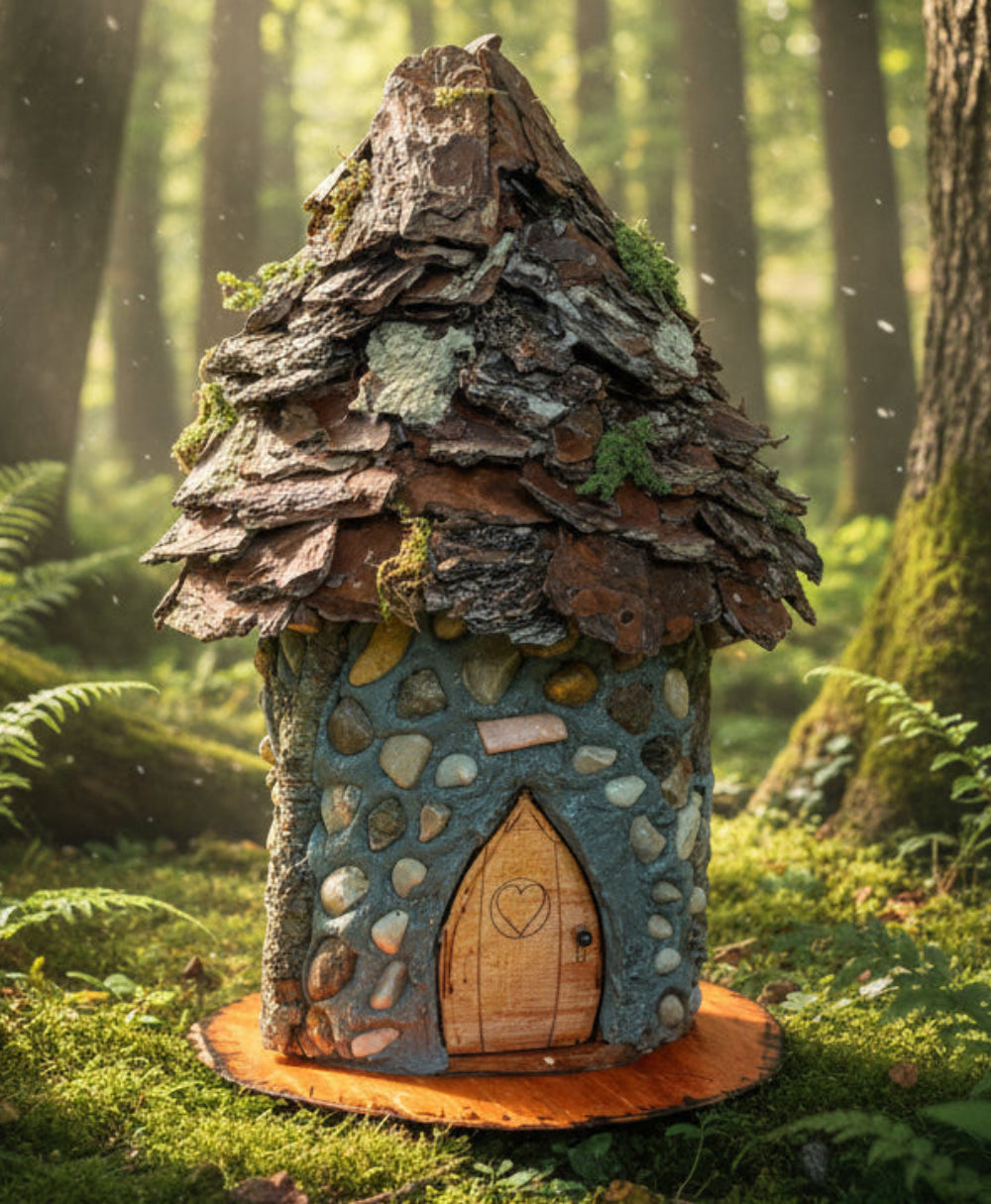 Brynn’s Tower, Round Fairy House, Hand Made of Stone, Branches and Pine Tree Bark, set on thin wood base, Home and Garden Decor, #RC023-010