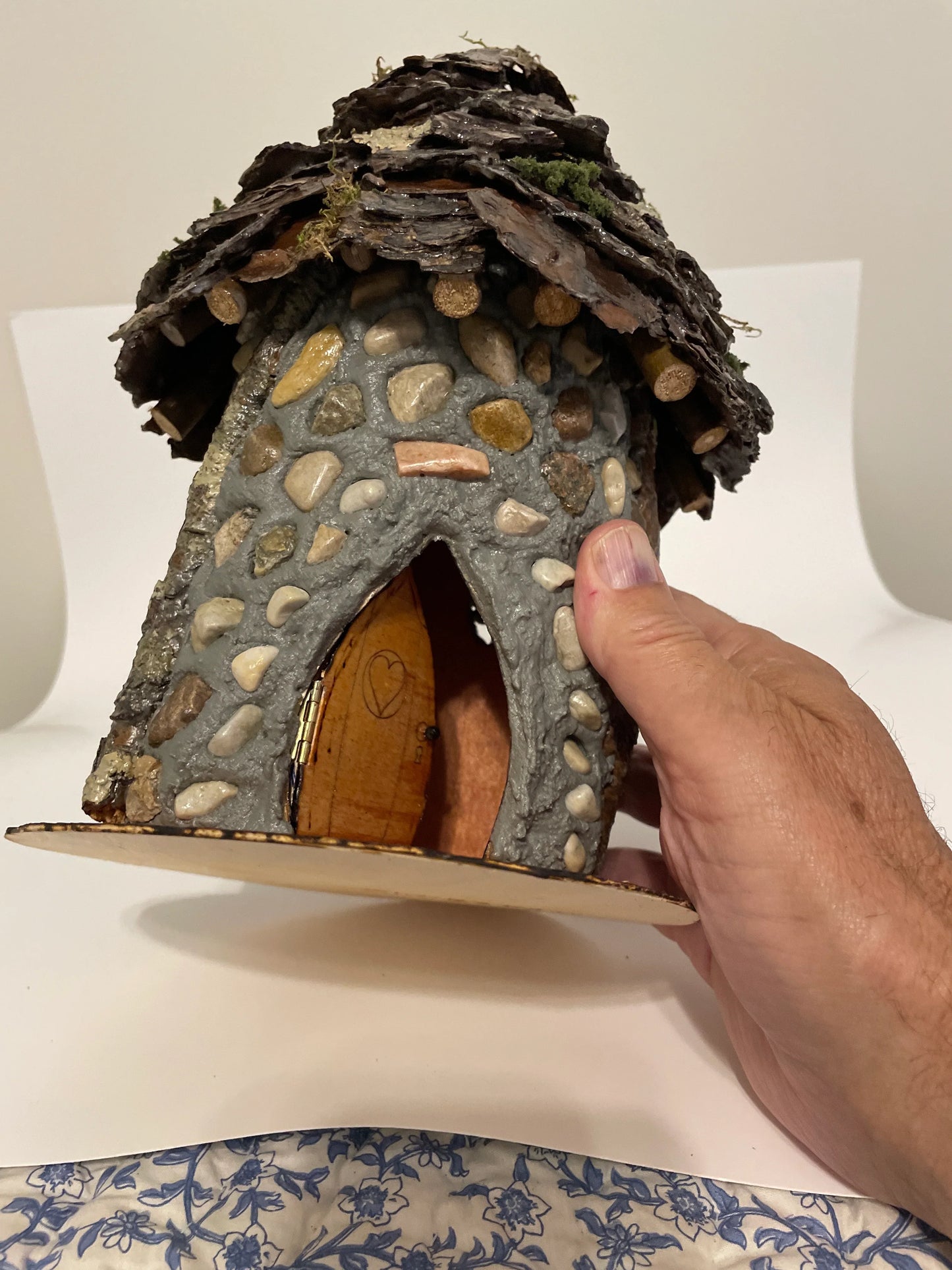 Brynn’s Tower, Round Fairy House, Hand Made of Stone, Branches and Pine Tree Bark, set on thin wood base, Home and Garden Decor, #RC023-010