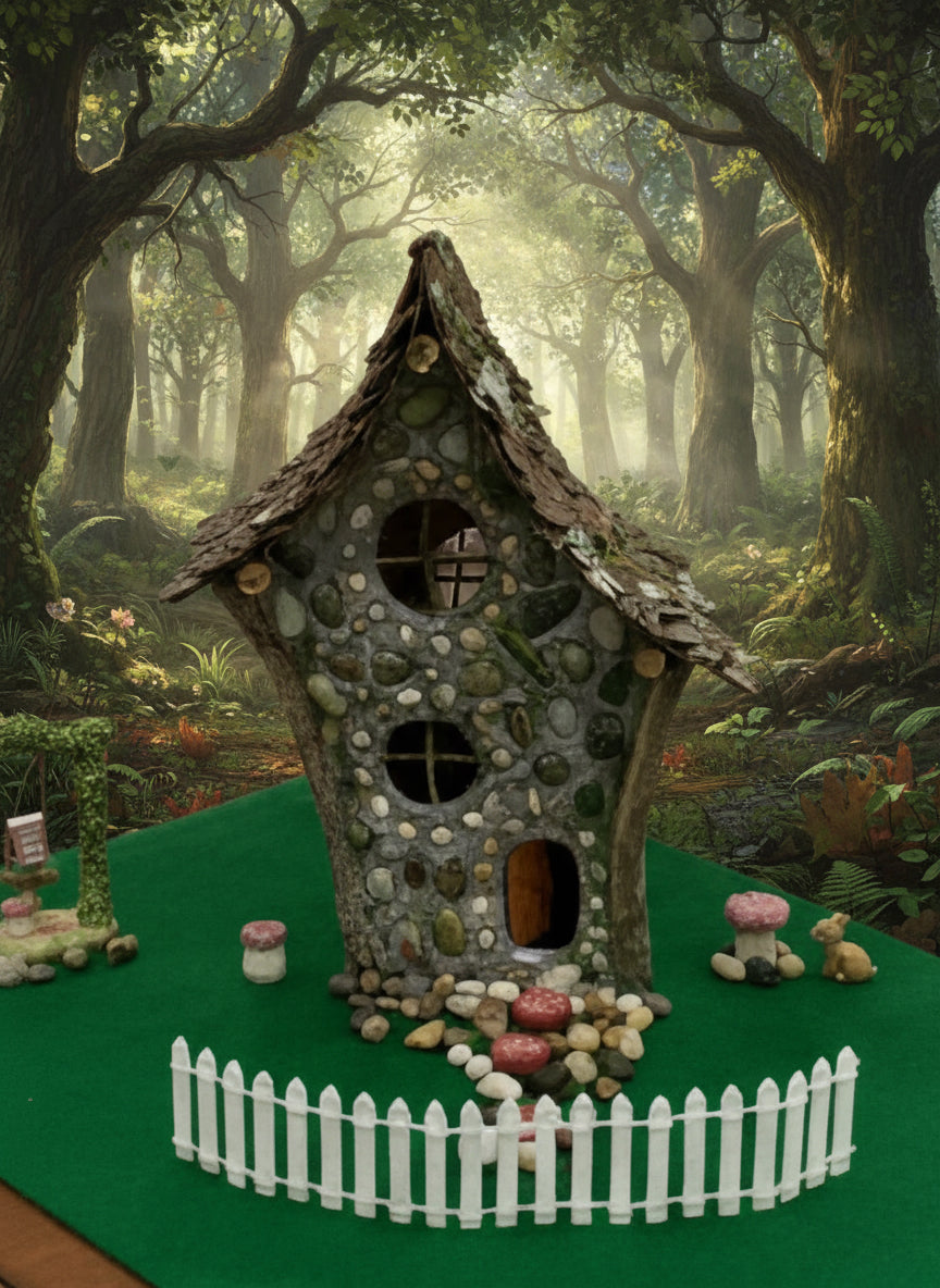Decorative fairy house with pebbles on a green surface with a white picket fence.