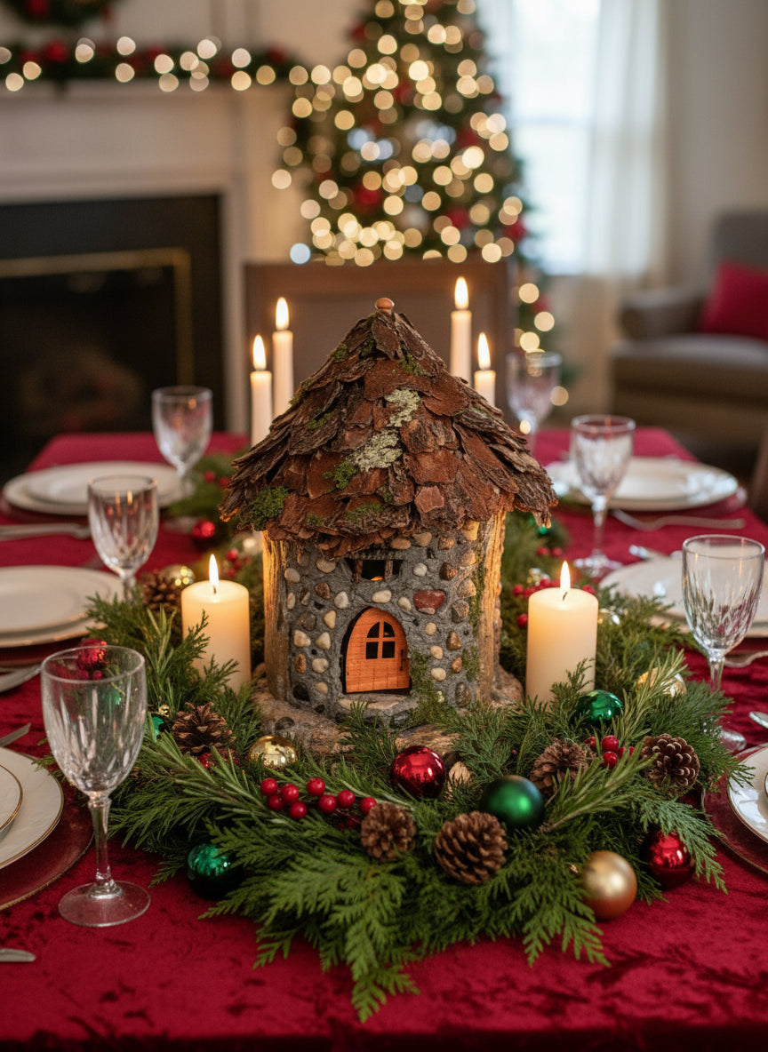Fairy house on a tree stump with a forest background