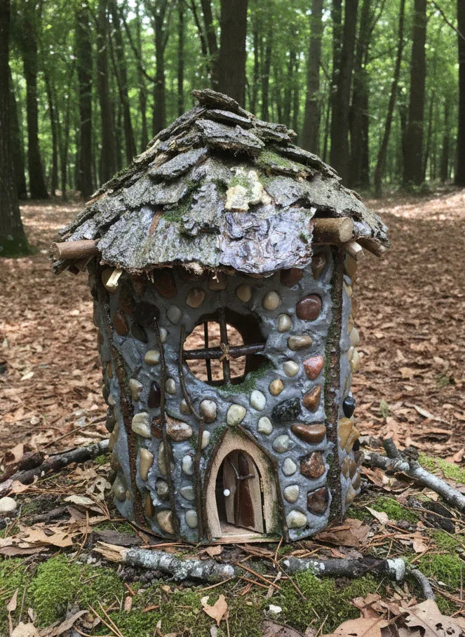 Jasper’s Cabin, Round Hand-Made Fairy House, Stone, Twigs and Pine Bark, Rustic and Charming, Home and Garden Decor, #RC23-007
