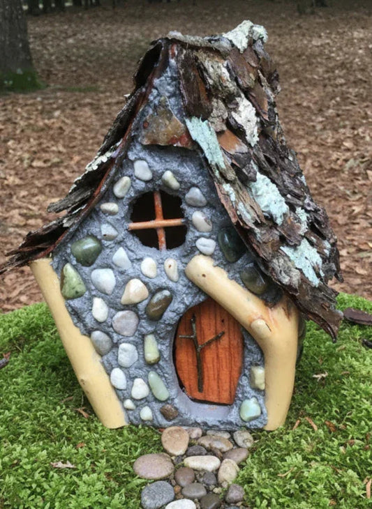 Smythe’s Lodge, Chalet style Fairy House, Hand-Made, Stone, Sanded Twigs, Pine Bark, Charming Home and Garden Decor, #CM25-002