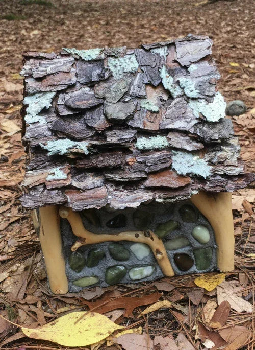 Smythe’s Lodge, Chalet style Fairy House, Hand-Made, Stone, Sanded Twigs, Pine Bark, Charming Home and Garden Decor, #CM25-002