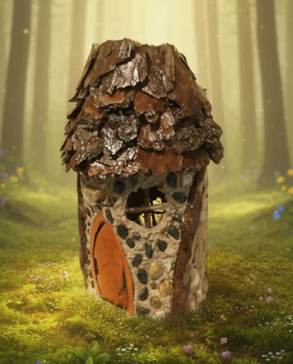 Decorative log with embedded stones and a small opening against a floral-patterned fabric background