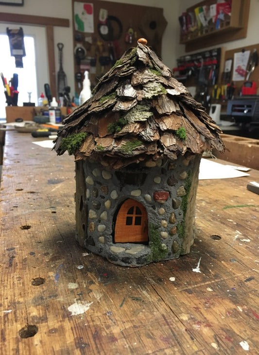Small fairy house made of stone and wood on a white background