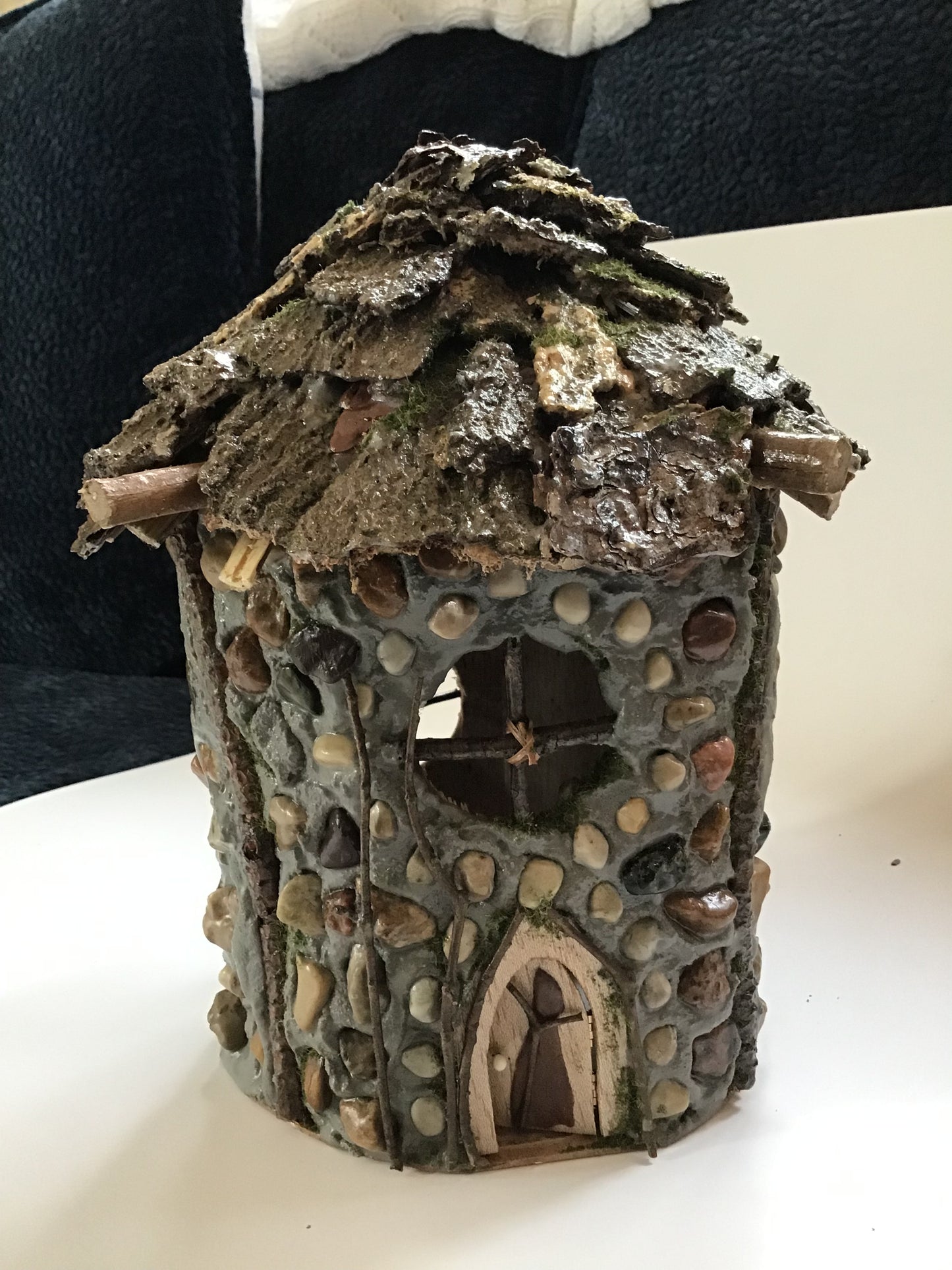 Jasper’s Cabin, Round Hand-Made Fairy House, Stone, Twigs and Pine Bark, Rustic and Charming, Home and Garden Decor, #RC23-007
