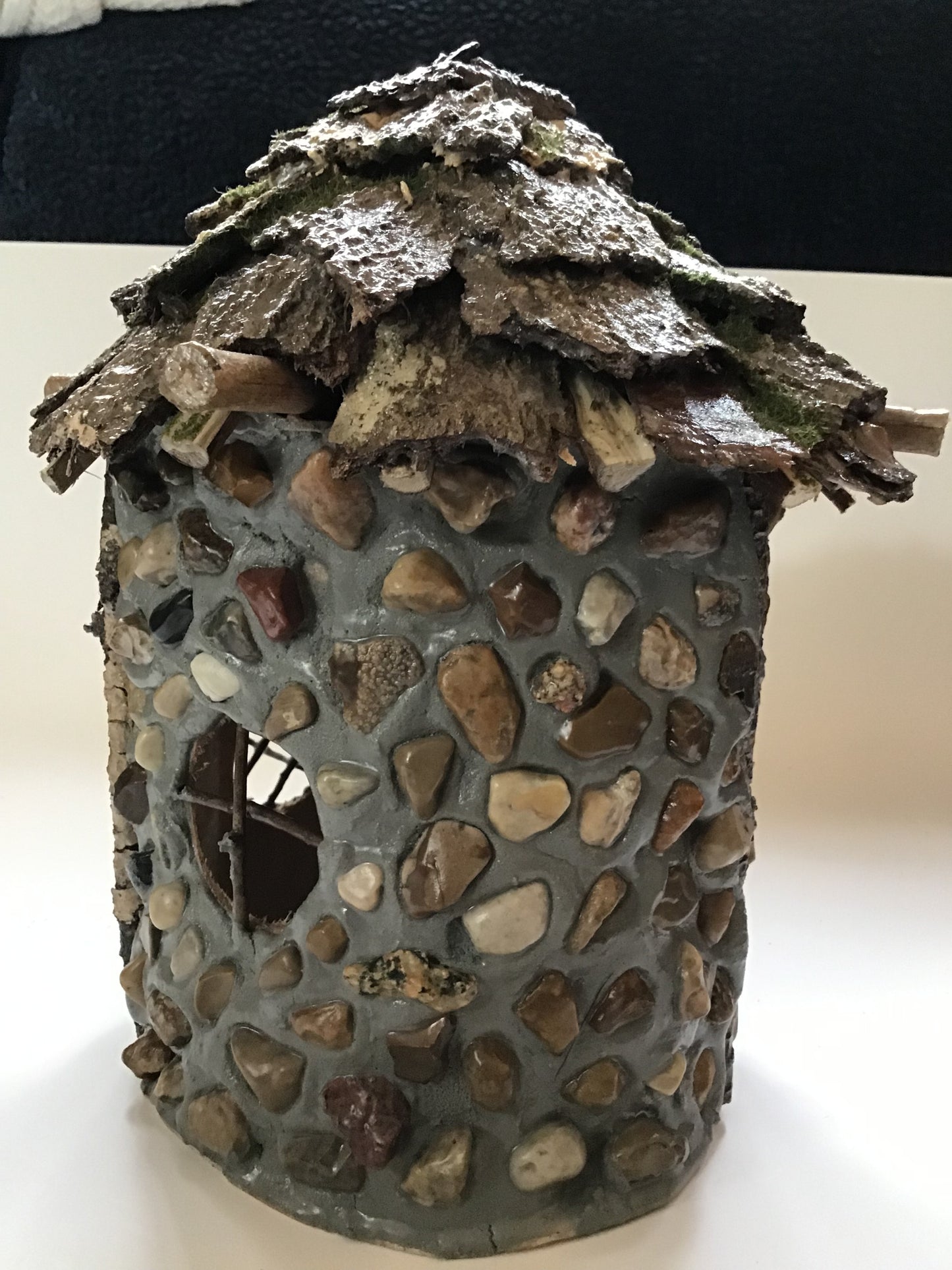 Jasper’s Cabin, Round Hand-Made Fairy House, Stone, Twigs and Pine Bark, Rustic and Charming, Home and Garden Decor, #RC23-007