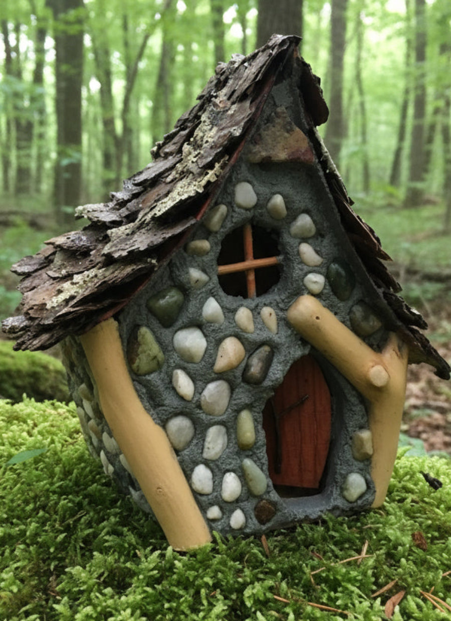 Smythe’s Lodge, Chalet style Fairy House, Hand-Made, Stone, Sanded Twigs, Pine Bark, Charming Home and Garden Decor, #CM25-002
