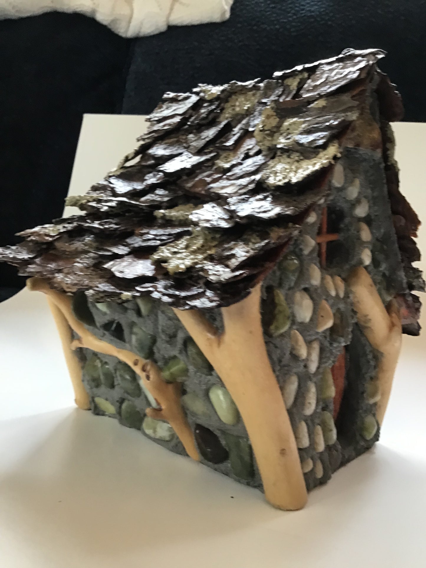 Smythe’s Lodge, Chalet style Fairy House, Hand-Made, Stone, Sanded Twigs, Pine Bark, Charming Home and Garden Decor, #CM25-002