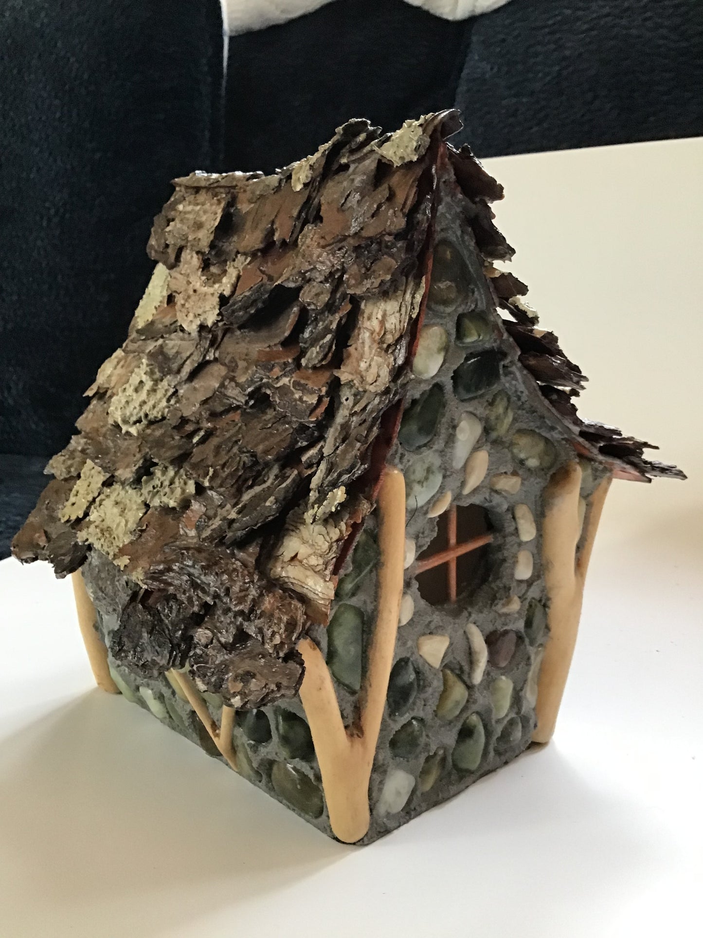 Smythe’s Lodge, Chalet style Fairy House, Hand-Made, Stone, Sanded Twigs, Pine Bark, Charming Home and Garden Decor, #CM25-002