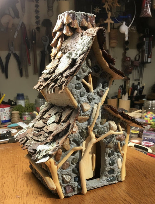 Cross Village Chapel, Fairy House, Hand-Made, Stone, Sanded Twigs, Pine Bark, Charming Home and Garden Decor,  table centerpiece, #CM25-018