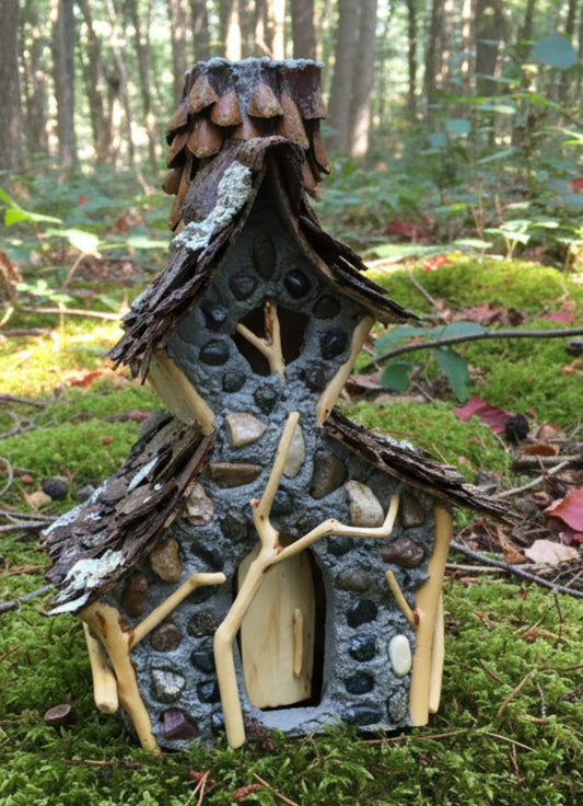 Cross Village Chapel, Fairy House, Hand-Made, Stone, Sanded Twigs, Pine Bark, Charming Home and Garden Decor, #CM25-018