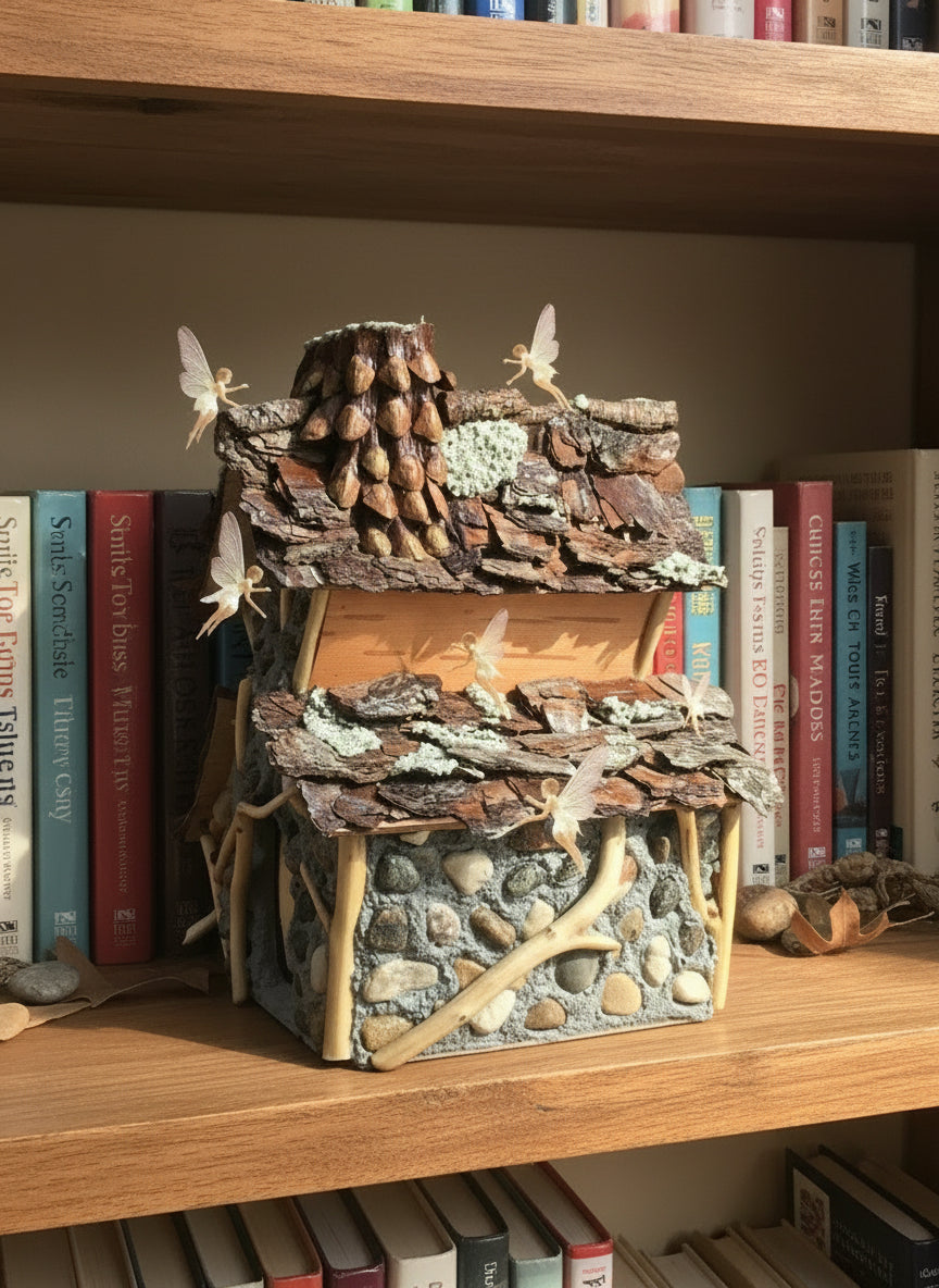 Cross Village Chapel, Fairy House, Hand-Made, Stone, Sanded Twigs, Pine Bark, Charming Home and Garden Decor, #CM25-018