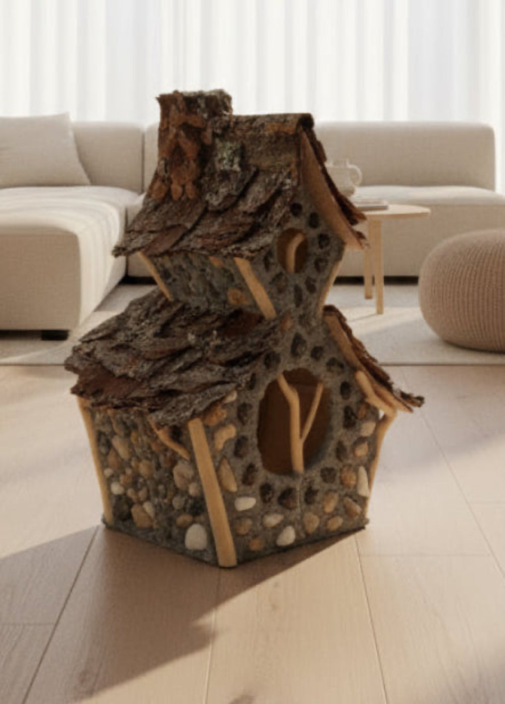 Cross Village Chapel, Fairy House, Hand-Made, Stone, Sanded Twigs, Pine Bark, Charming Home and Garden Decor, #CM25-018