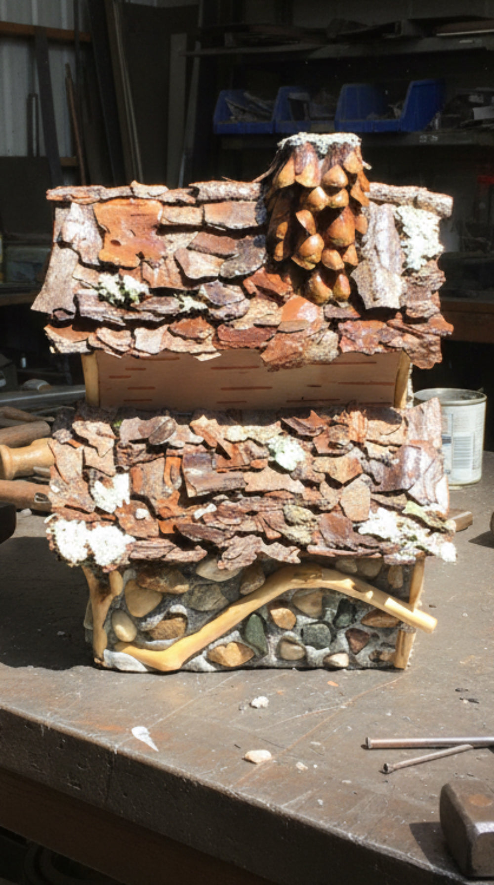 Cross Village Chapel, Fairy House, Hand-Made, Stone, Sanded Twigs, Pine Bark, Charming Home and Garden Decor, #CM25-018