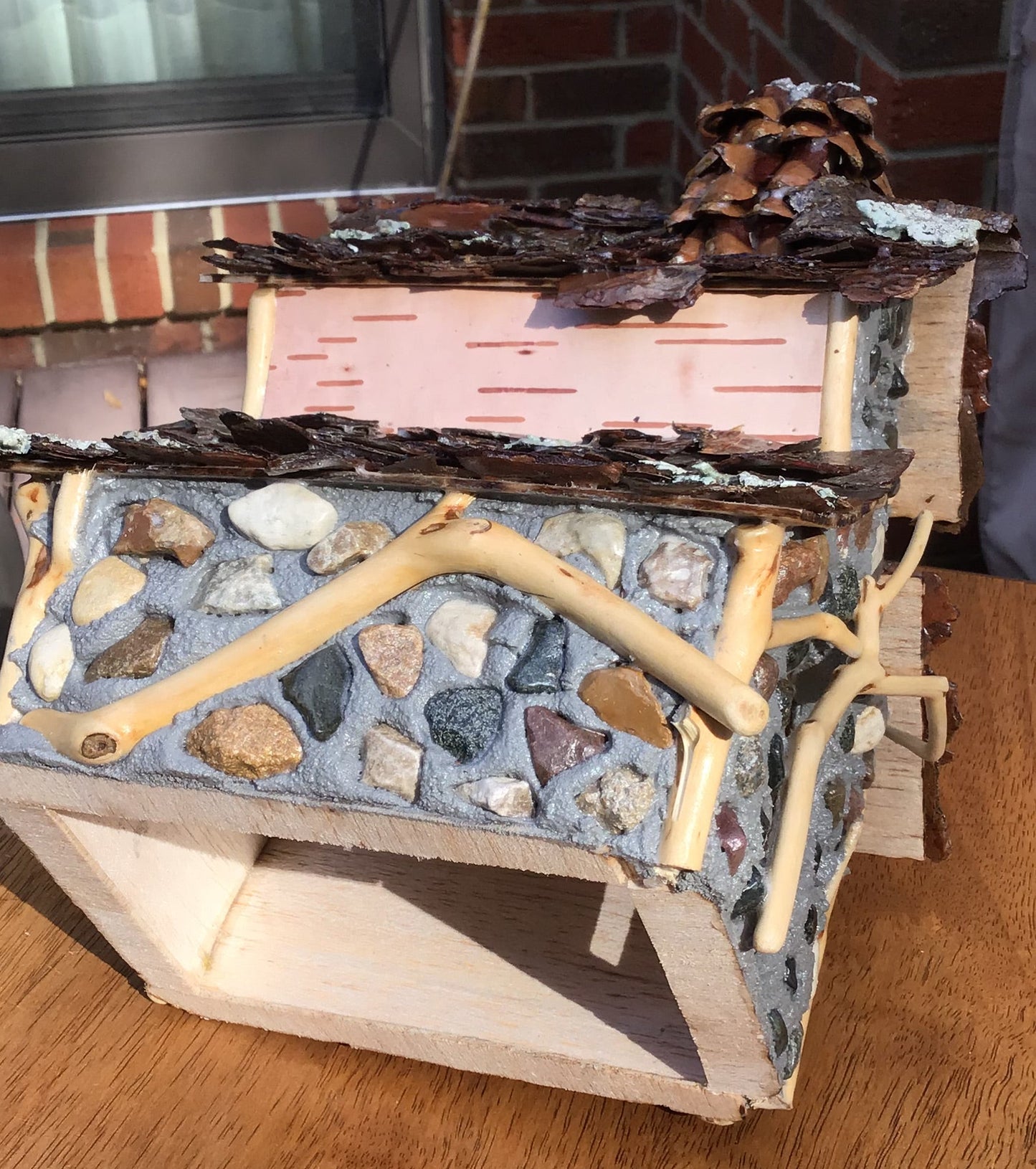 Cross Village Chapel, Fairy House, Hand-Made, Stone, Sanded Twigs, Pine Bark, Charming Home and Garden Decor, #CM25-018