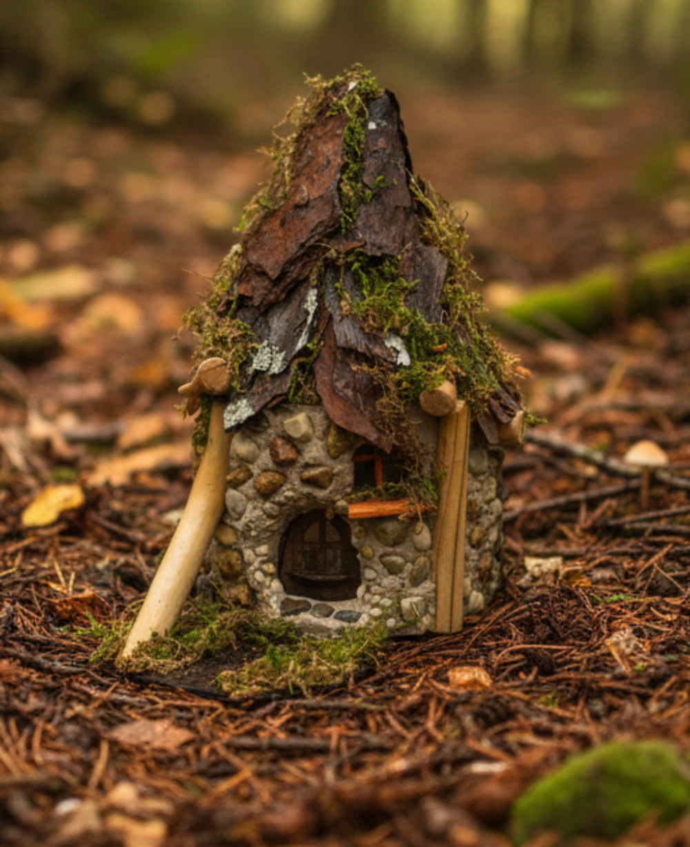 Small fairy house with moss and stones on a plain background