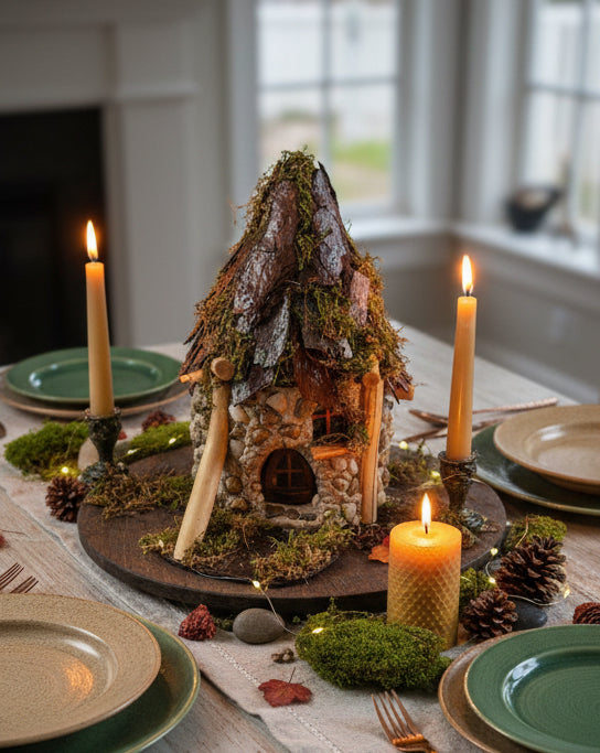 Woodland Moss Burrow, Fairy House, Hand-Made, Stone, Sanded Twigs, Pine Bark, Charming Home and Garden Decor,  table centerpiece, #CM25-035