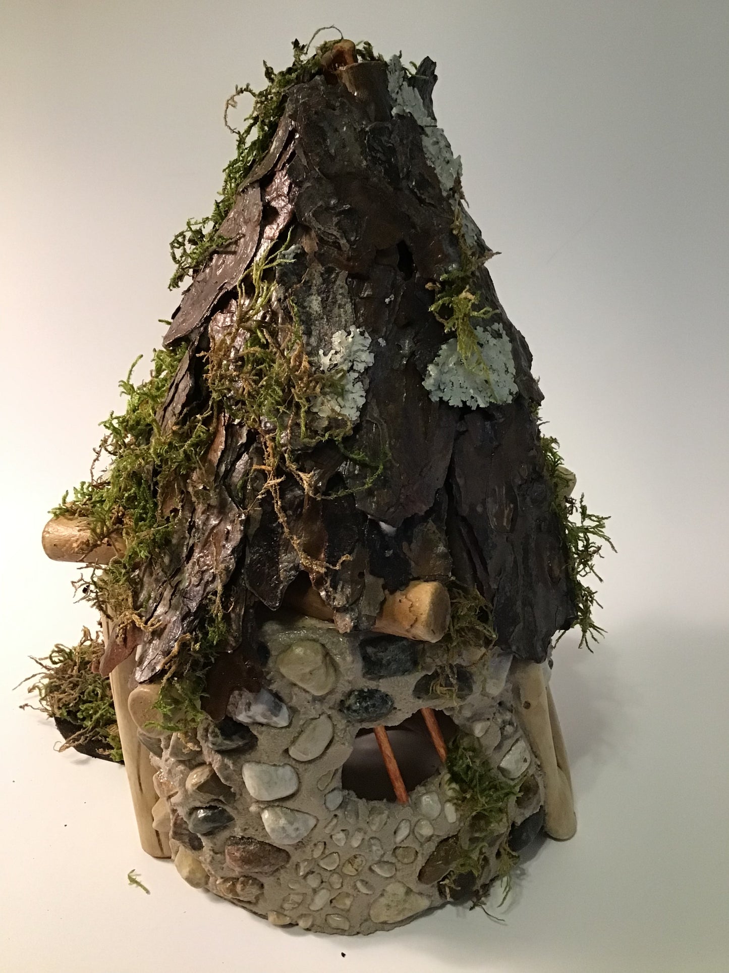 Woodland Moss Burrow, Fairy House, Hand-Made, Stone, Sanded Twigs, Pine Bark, Charming Home and Garden Decor,  table centerpiece, #CM25-035