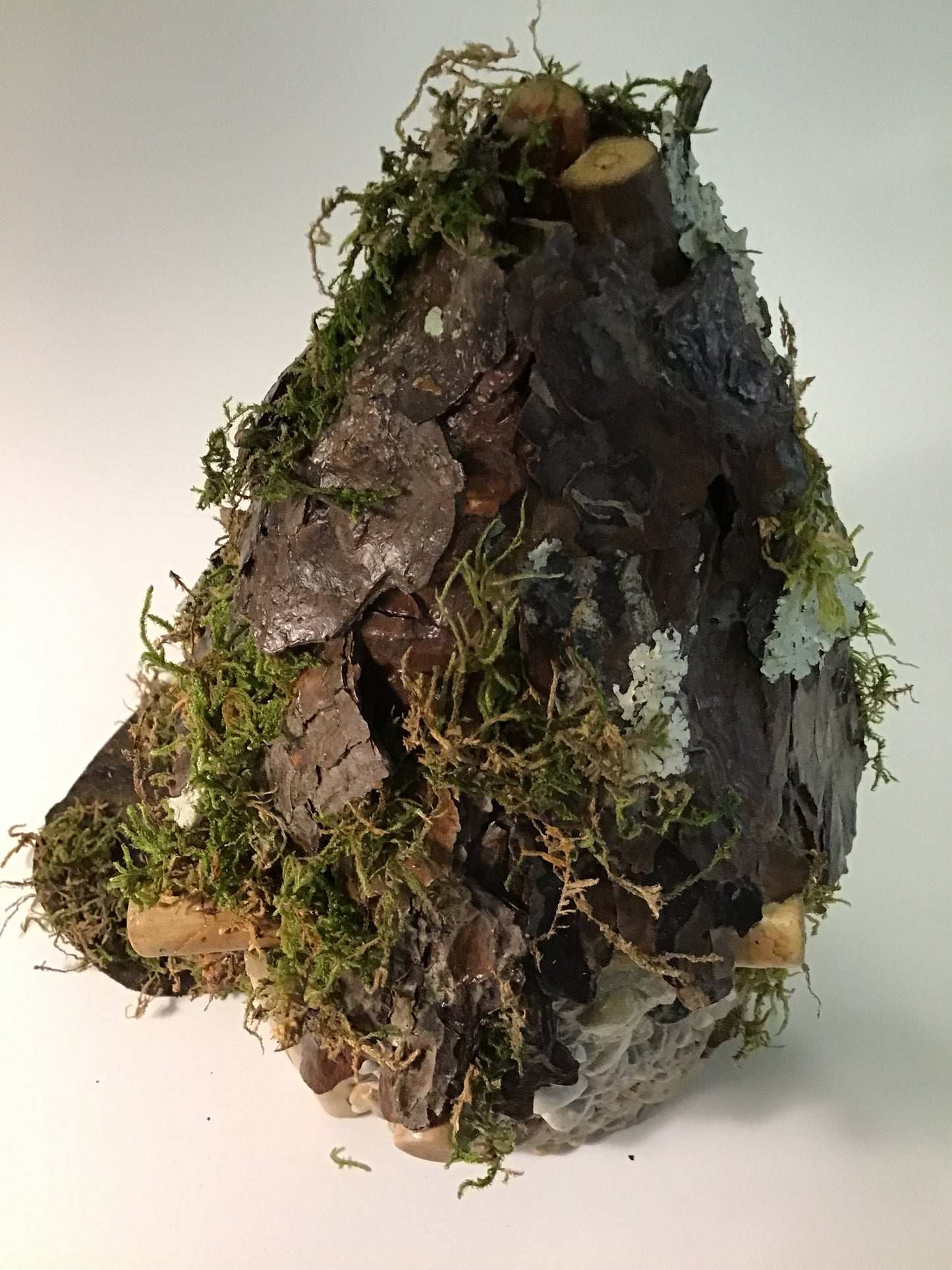 Woodland Moss Burrow, Fairy House, Hand-Made, Stone, Sanded Twigs, Pine Bark, Charming Home and Garden Decor,  table centerpiece, #CM25-035