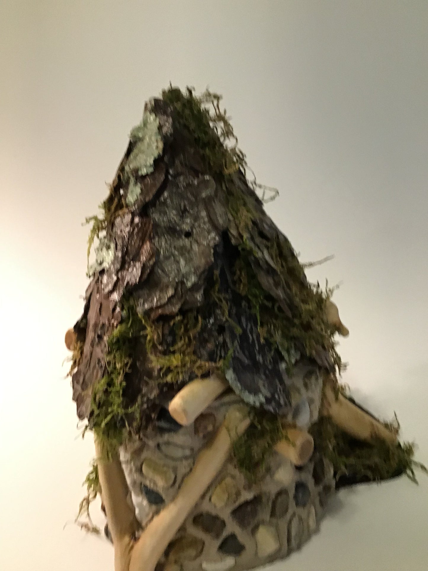 Woodland Moss Burrow, Fairy House, Hand-Made, Stone, Sanded Twigs, Pine Bark, Charming Home and Garden Decor,  table centerpiece, #CM25-035