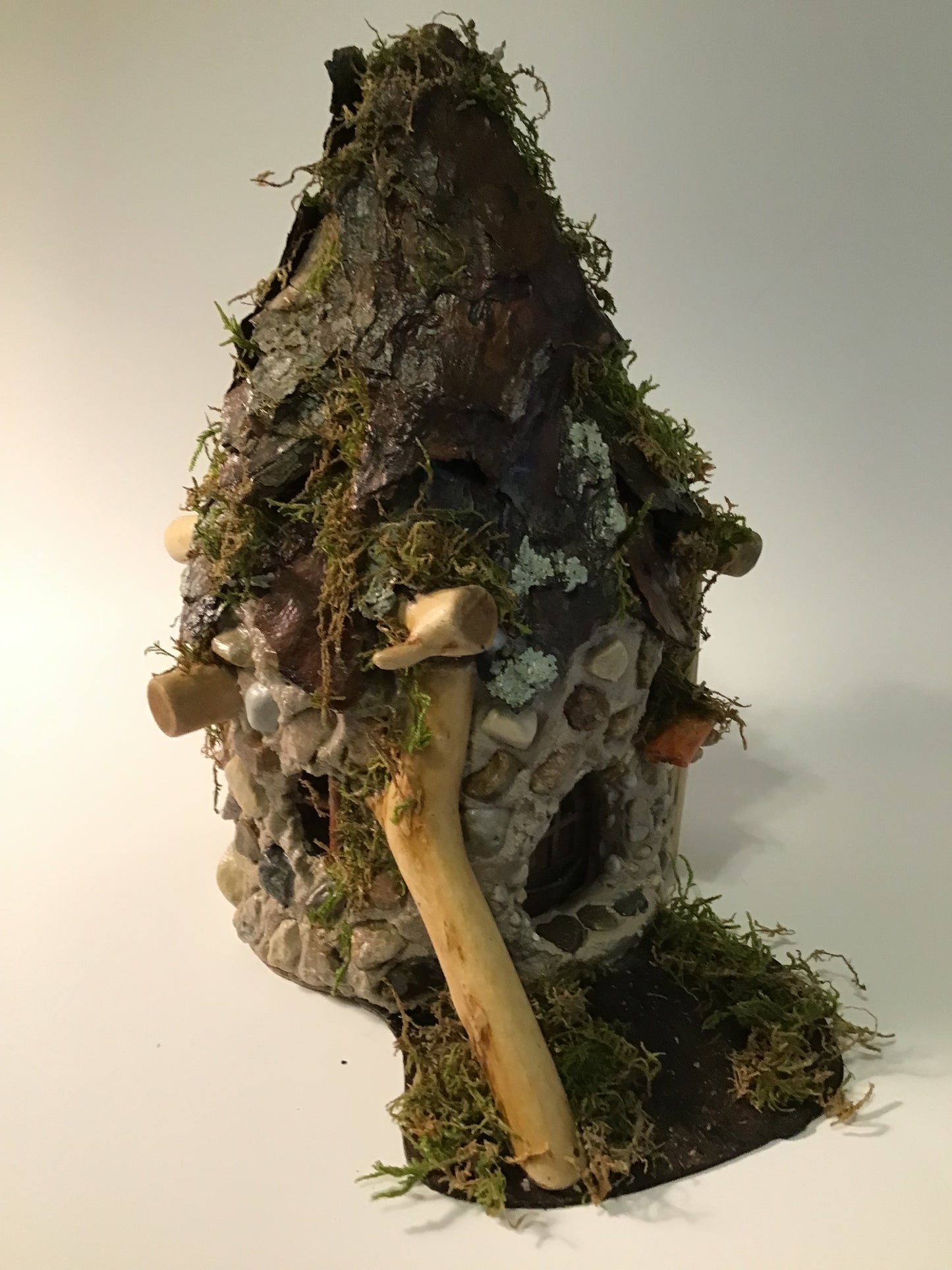 Woodland Moss Burrow, Fairy House, Hand-Made, Stone, Sanded Twigs, Pine Bark, Charming Home and Garden Decor,  table centerpiece, #CM25-035