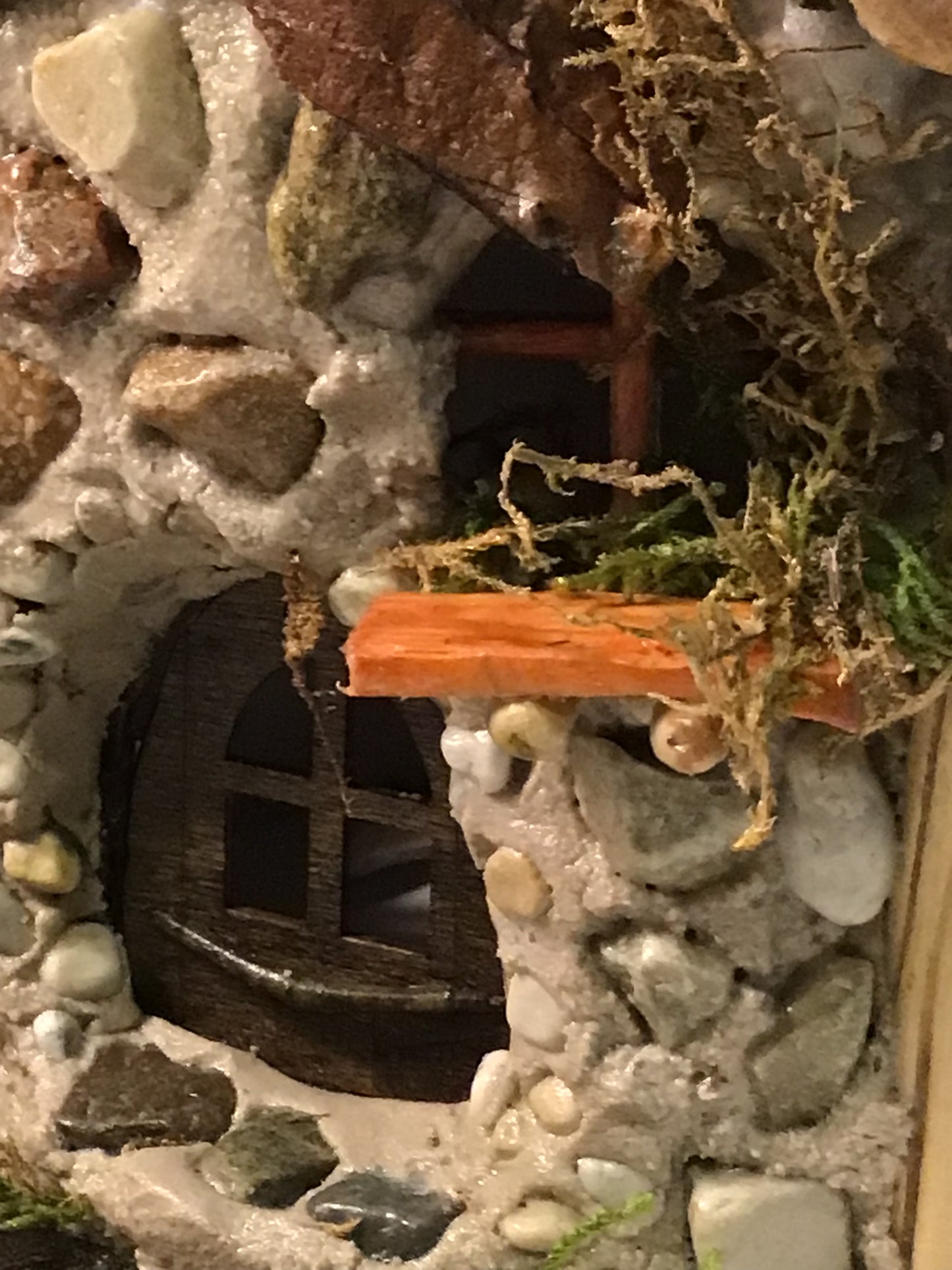 Woodland Moss Burrow, Fairy House, Hand-Made, Stone, Sanded Twigs, Pine Bark, Charming Home and Garden Decor,  table centerpiece, #CM25-035