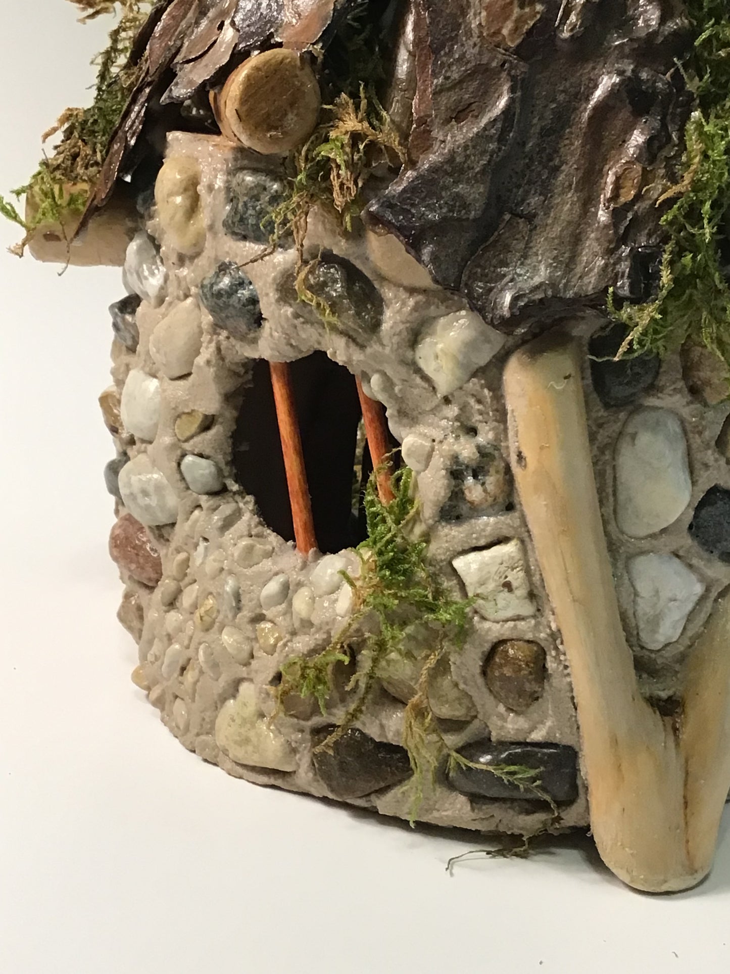 Woodland Moss Burrow, Fairy House, Hand-Made, Stone, Sanded Twigs, Pine Bark, Charming Home and Garden Decor,  table centerpiece, #CM25-035