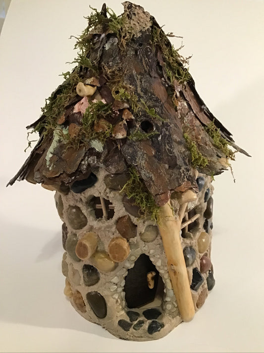 Cnocan (kruck-awn) Black Door Cottage, Hand-Made Fairy House of Stone, Twigs, Pine Bark, Charming Home Decor,  table centerpiece, #CM25-038