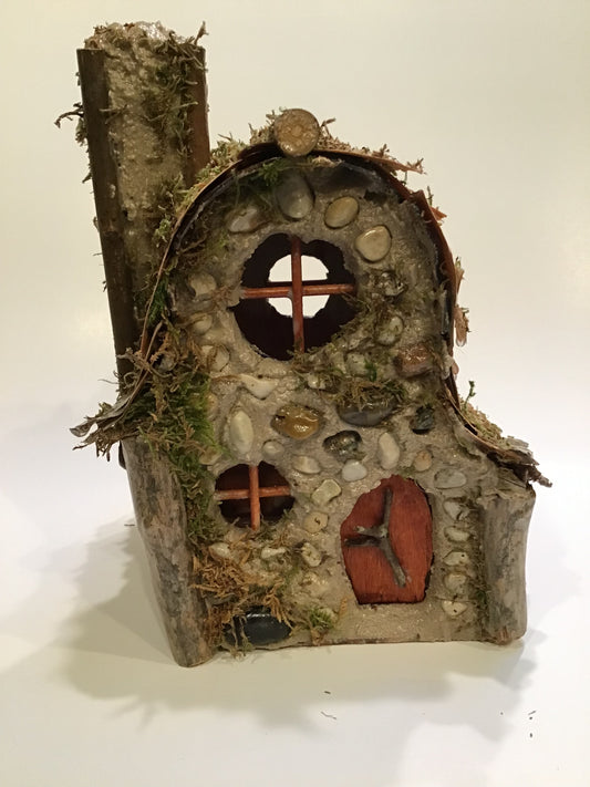 Willow’s Barn, a barn style Fairy House, Hand-Made, Stone, Pine Twigs, Pine Bark, Charming Home and Garden Decor, table centerpiece, #BH02-022