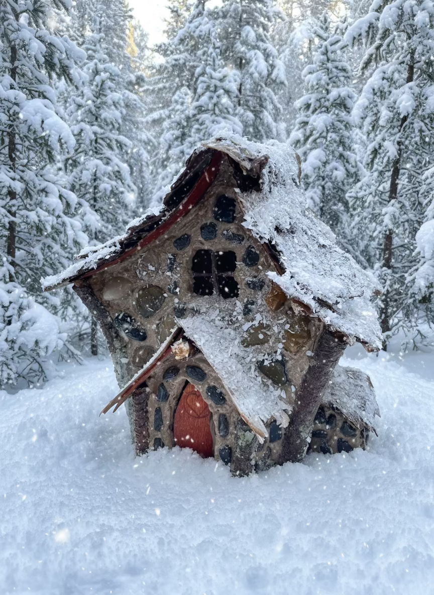 The Frost Pedal Cottage Fairy House, Hand-Made, Stone, Pine Bark, Artificial Snow, Charming Home and Garden Decor, #CM25-023
