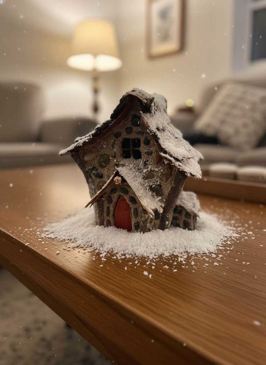 The Frost Pedal Cottage Fairy House, Hand-Made, Stone, Pine Bark, Artificial Snow, Charming Home and Garden Decor, #CM25-023