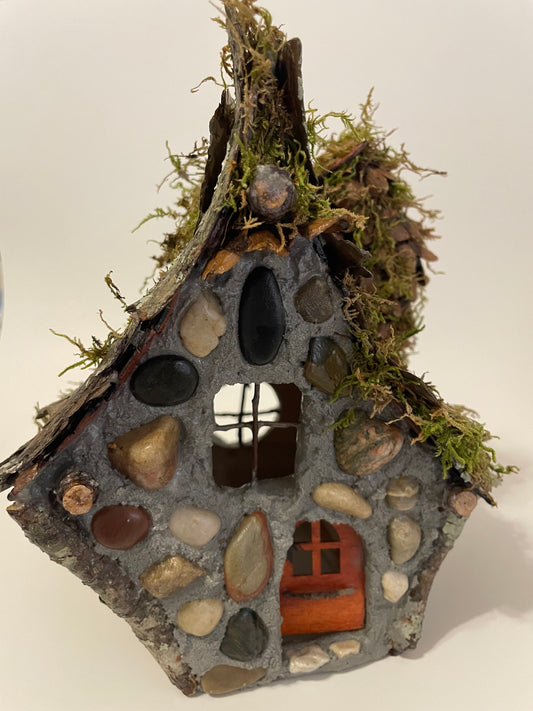 Elder Fae Moss Cottage, Hand-Made Traditional Irish Fairy House of Stone, Twigs, Pine Bark, Home Decor, table centerpiece, #CM25-039