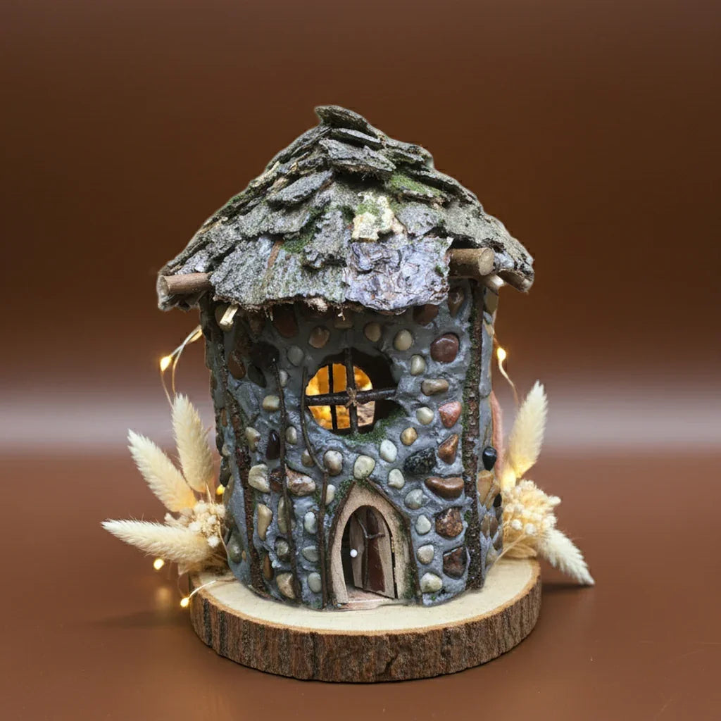 Jasper’s Cabin, Round Hand-Made Fairy House, Stone, Twigs and Pine Bark, Rustic and Charming, Home and Garden Decor, #RC23-007