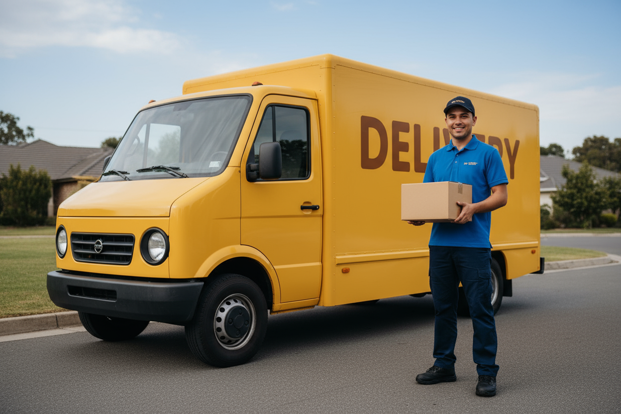 Cartoon Delivery truck with driver standing by truck holding small package