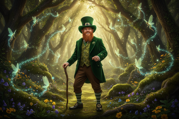 Leprechaun with small fairies flying around in forest