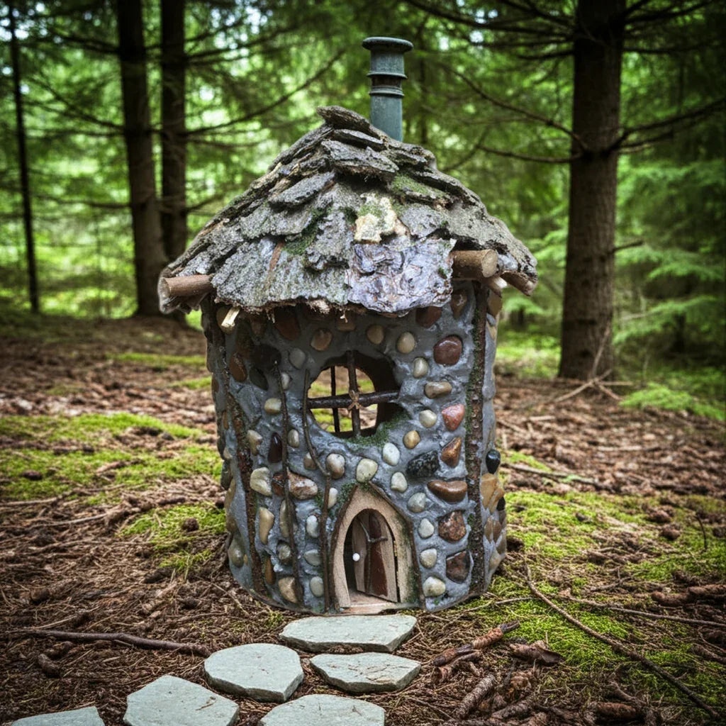 Jasper’s Cabin, Round Hand-Made Fairy House, Stone, Twigs and Pine Bark, Rustic and Charming, Home and Garden Decor, #RC23-007