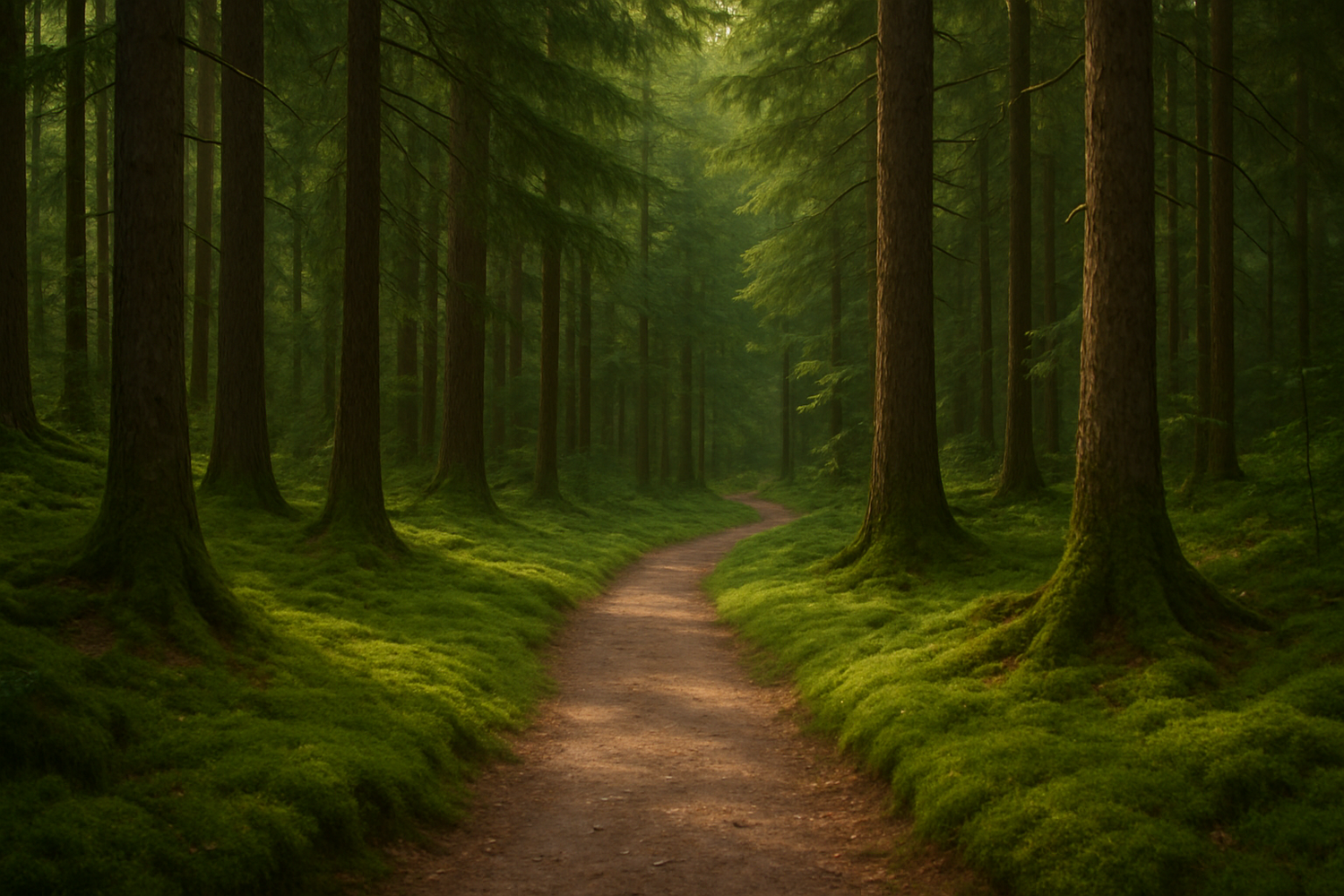 Thumbnail size picture of path into forest with moss on ground